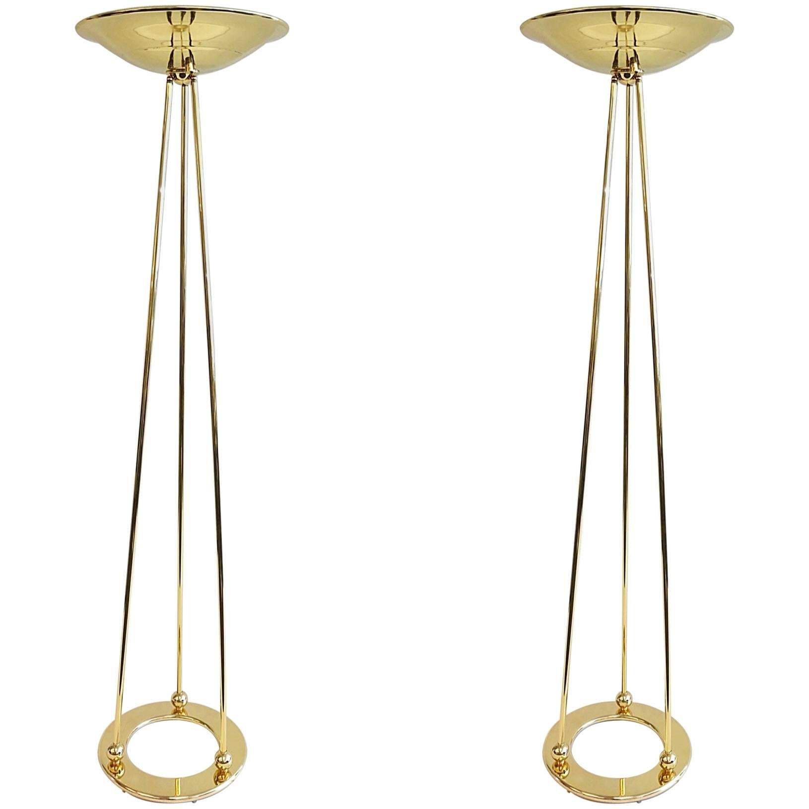 Pair of Polish Brass Torchiere Floor Lamps by Casella