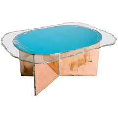 Contemporary Coffee Table Silvered Art Glasses Clear Silvered and Aquamarina