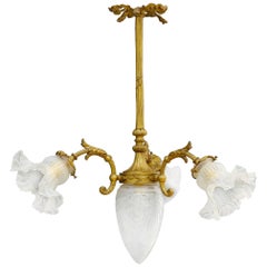 French Chandelier Gilt Bronze Etched Glass Belle Epoque, circa 1900