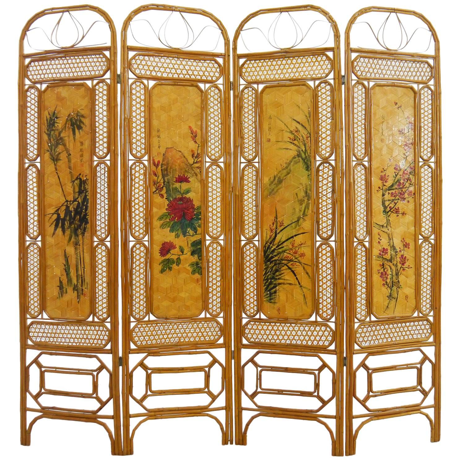 Chinese Bamboo Paravent with Landscape Paintings, 1950-1960s Four Panels