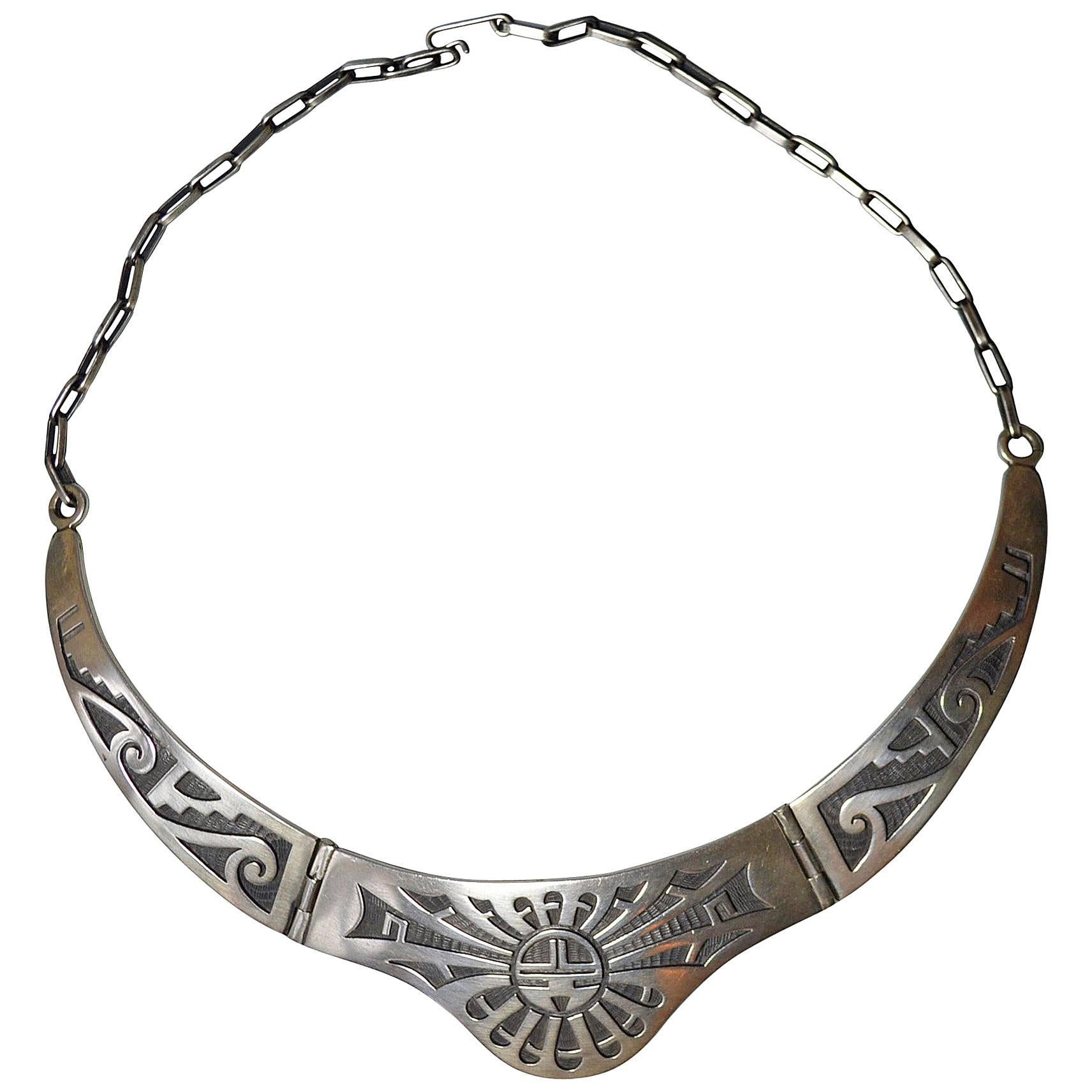 Native American Indian Fine Vintage Hopi Silver Overlay Necklace