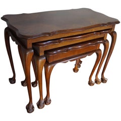 Used Fine Mid-20th Century Queen Anne Style Nutwood Nest of Tables with Burl Inlay