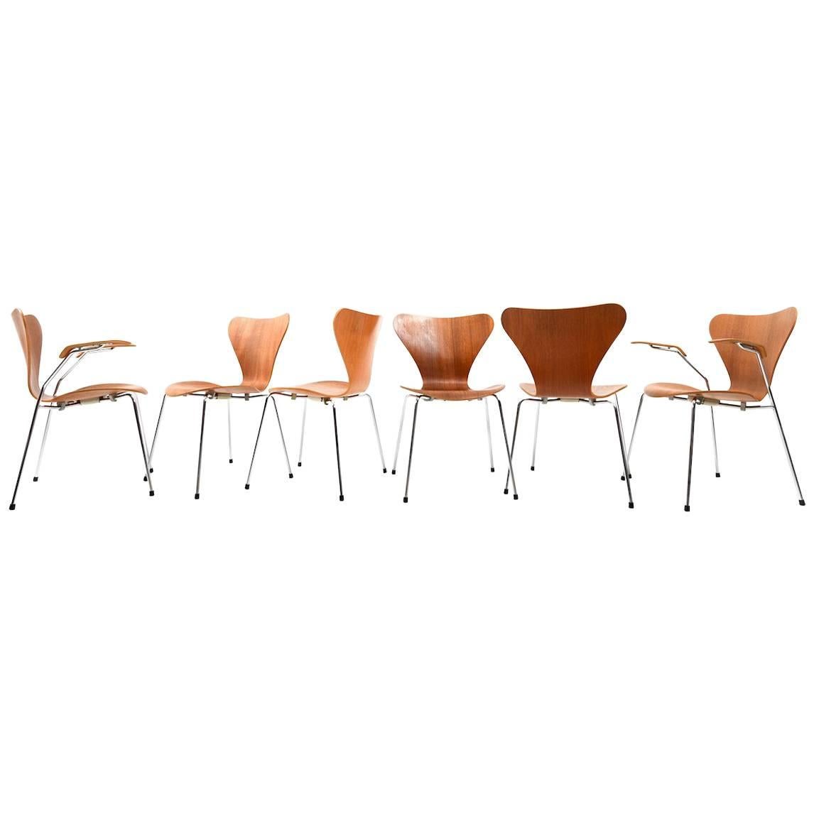 Set of Six Arne Jacobsen Chairs in Teak "Series 7"