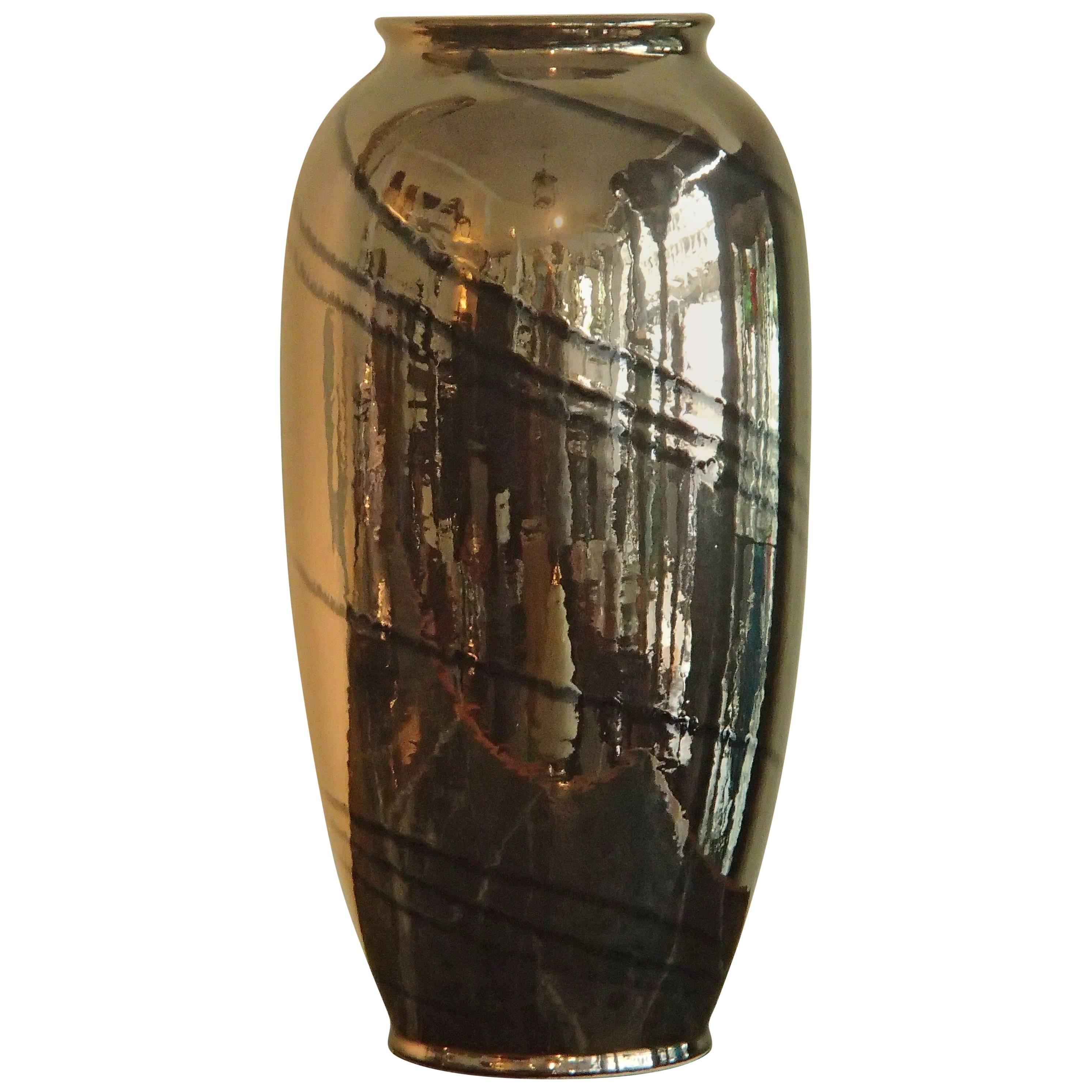 Midcentury Dark Bronze and Black Glaze Large Ceramic Vase Bay W:-Germany For Sale