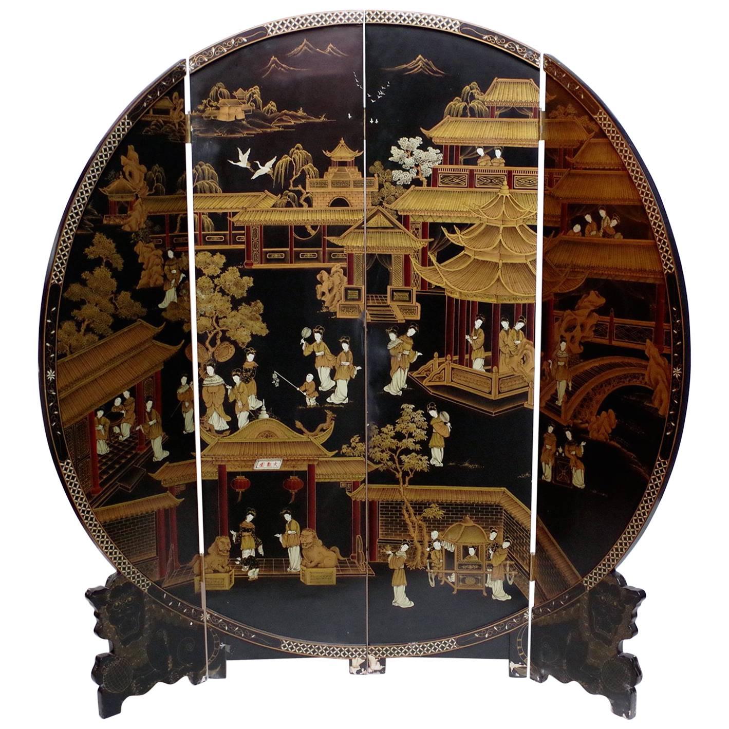 Round Black Lacquered Screen with Chinoiserie Decoration, circa 1960