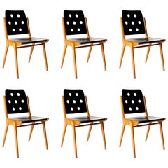 Set of Six Stacking Chairs Franz Schuster, Bicolored Beech Black, Austria, 1959