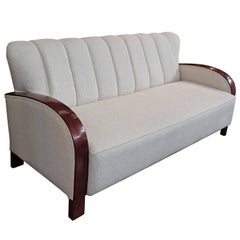 Champagne Ivory Art Deco German Three-Seat Sofa with Bent Wooden Arms
