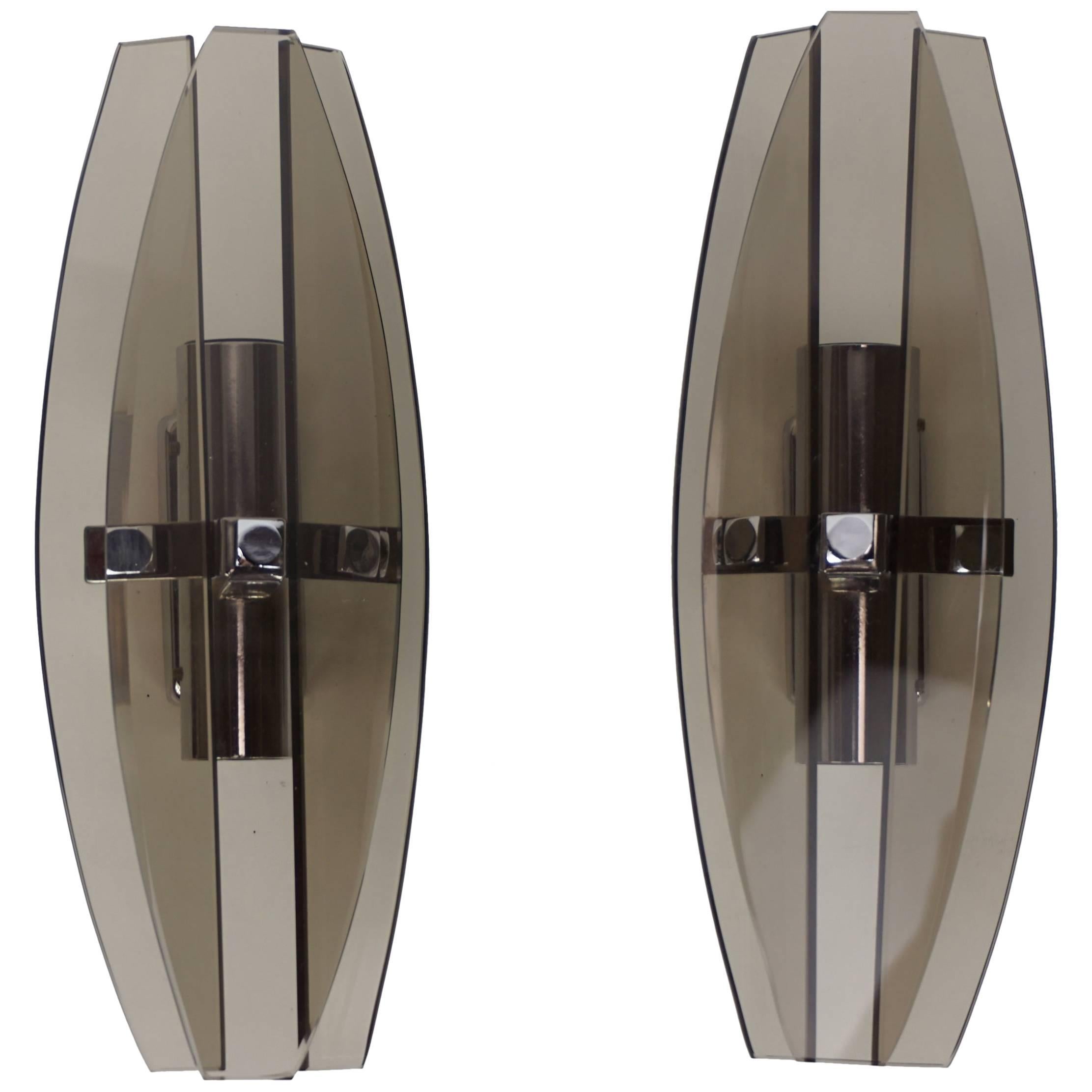 Pair of Italian Design Chrome and Smoked Glass Sconces by Veca