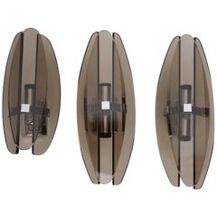 Set of Three Italian Design Chrome and Smoked Glass Sconces by Veca