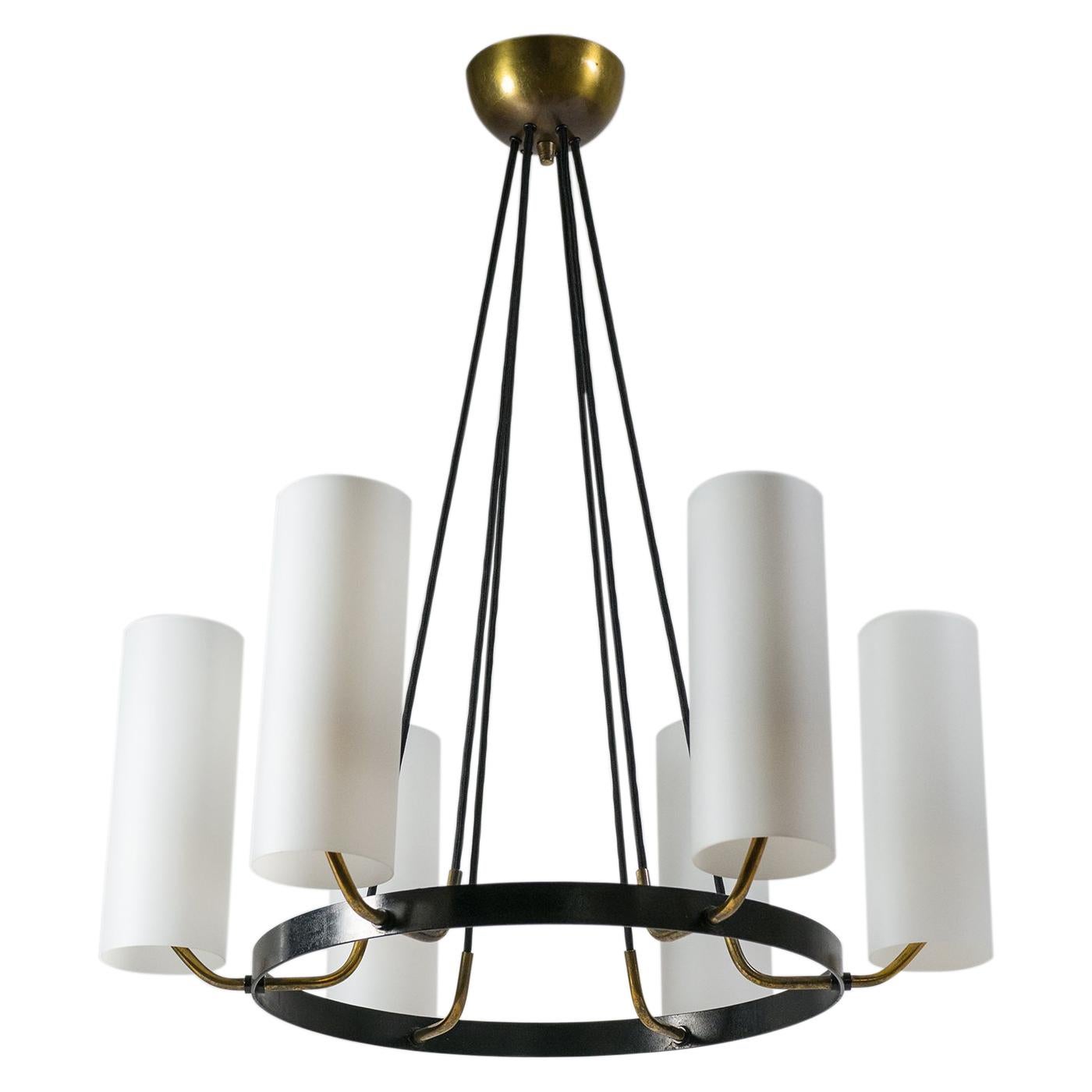 Large Modernist Satin Glass and Brass Chandelier, 1950s