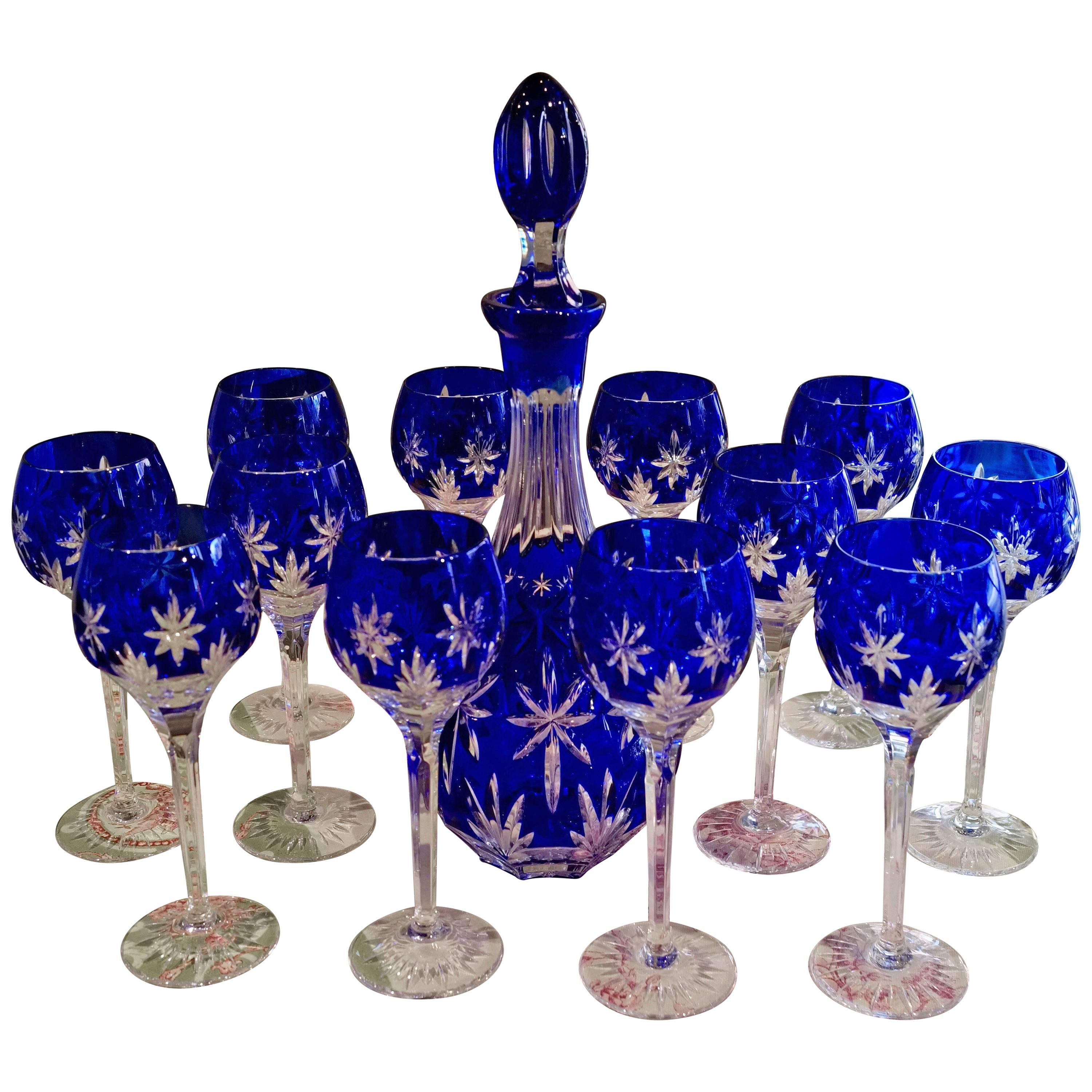 Blue Crystal Engraved Service, One Carafe and 12 Stemmed Glasses, circa 1950