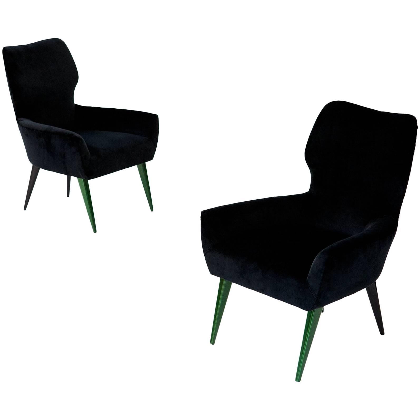Pair of Italian Modern Easy Chairs with New Black Velvet Upholstery, 1950s