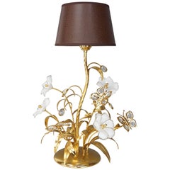 Gilt Metal Murano Glass Flowers and Crystal Butterflies Lamp