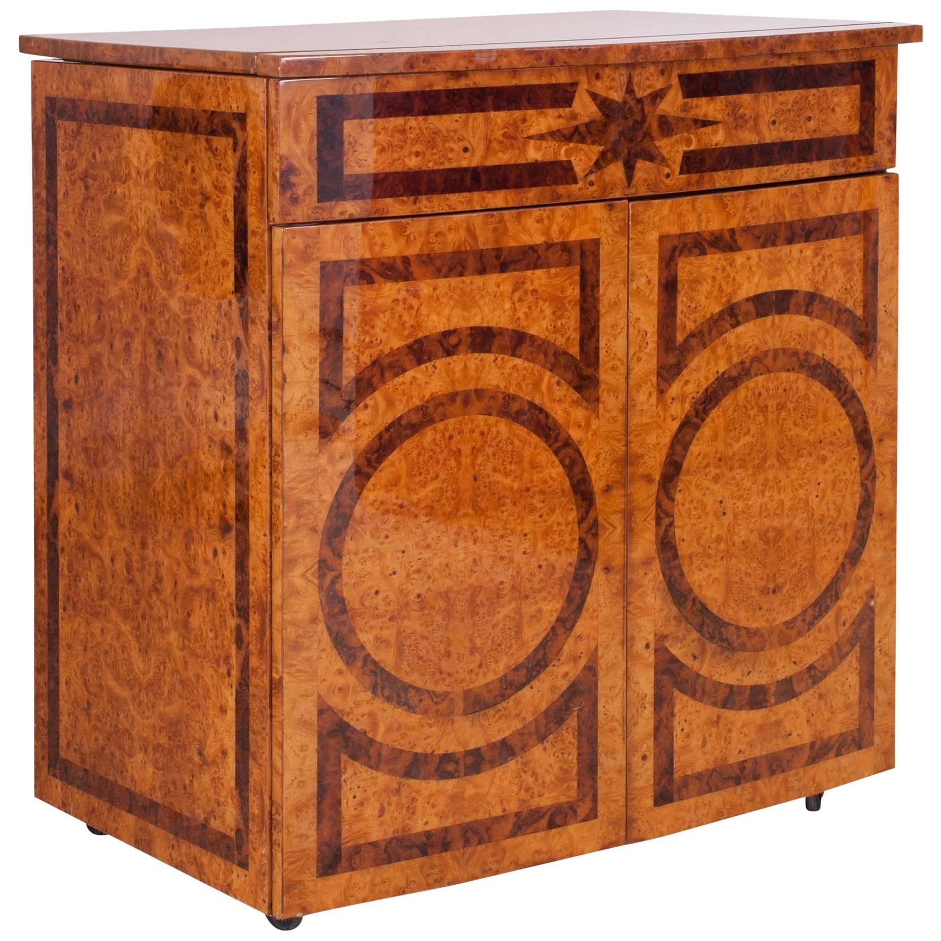 Hollywood regency Lacquered dry bar Cabinet with Burl Inlay