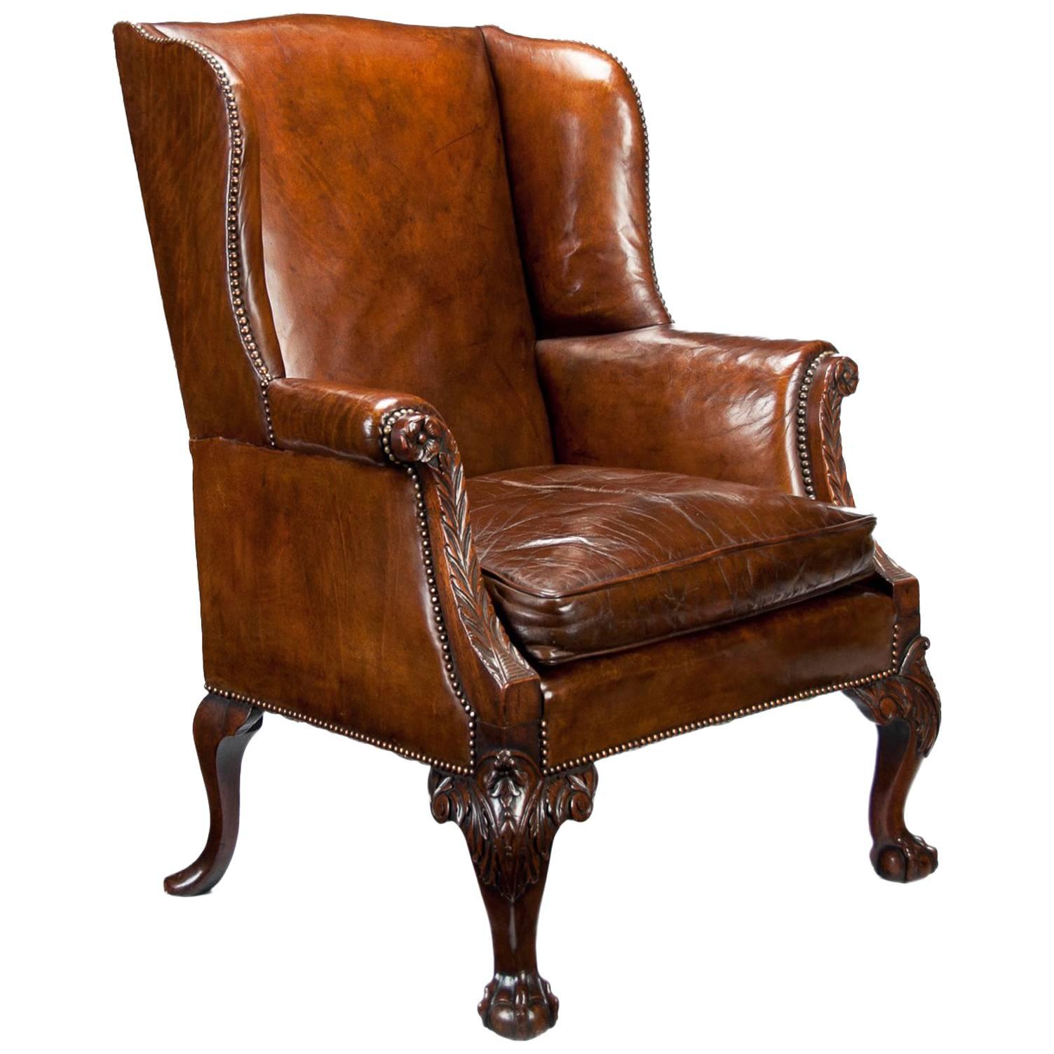 Mid-19th Century Mahogany Leather Wing Armchair