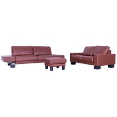 Rolf Benz Ego Leather Sofa Set Brown Purple Three-Seat, Two-Seat Foot-Stool