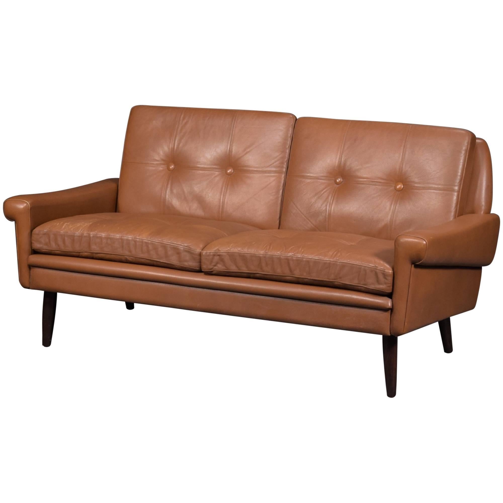 Svend Skipper Midcentury Danish Loveseat Sofa in Brown Leather
