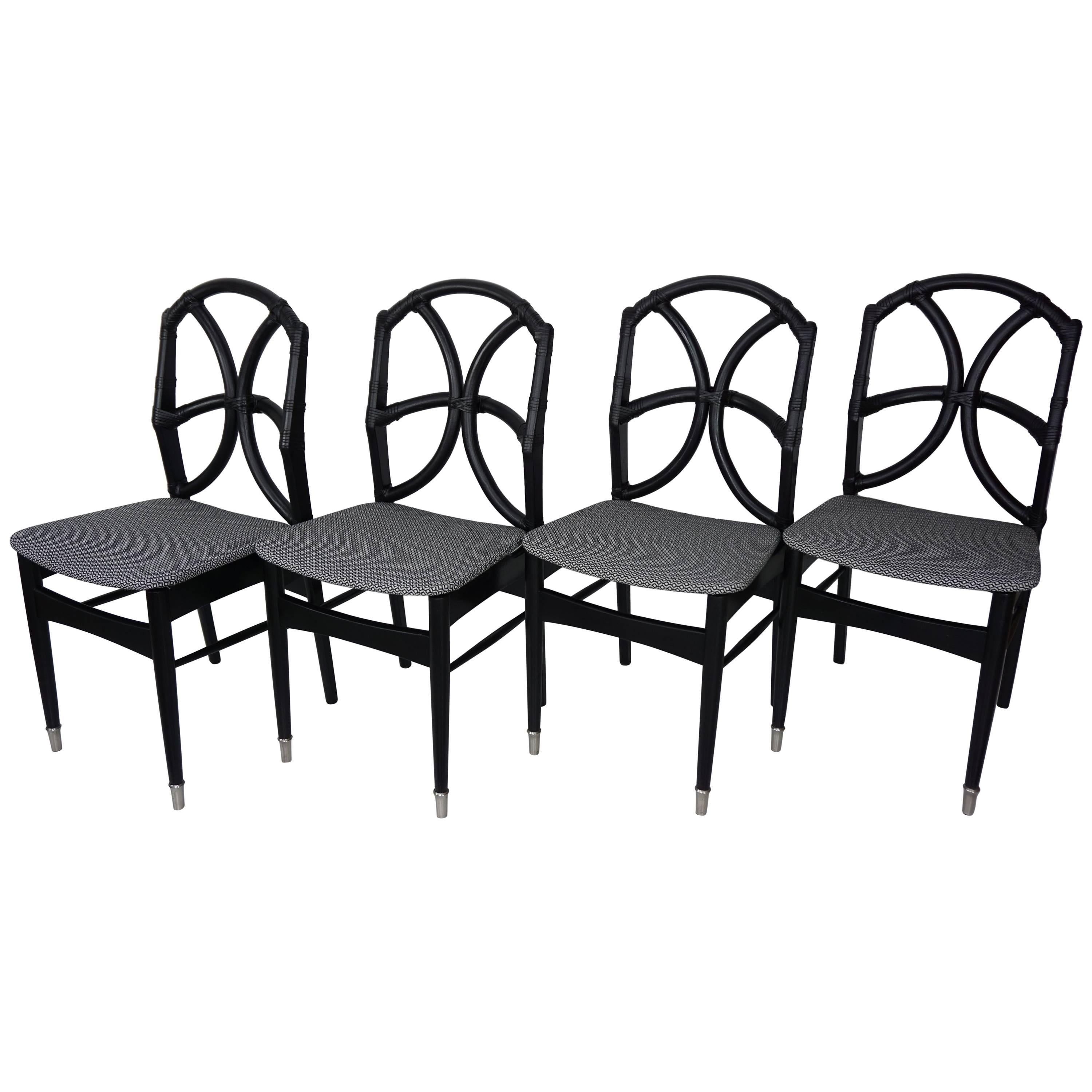 Set of Four Black Wooden Rattan Fabric and Leather Chairs Design, 1950s