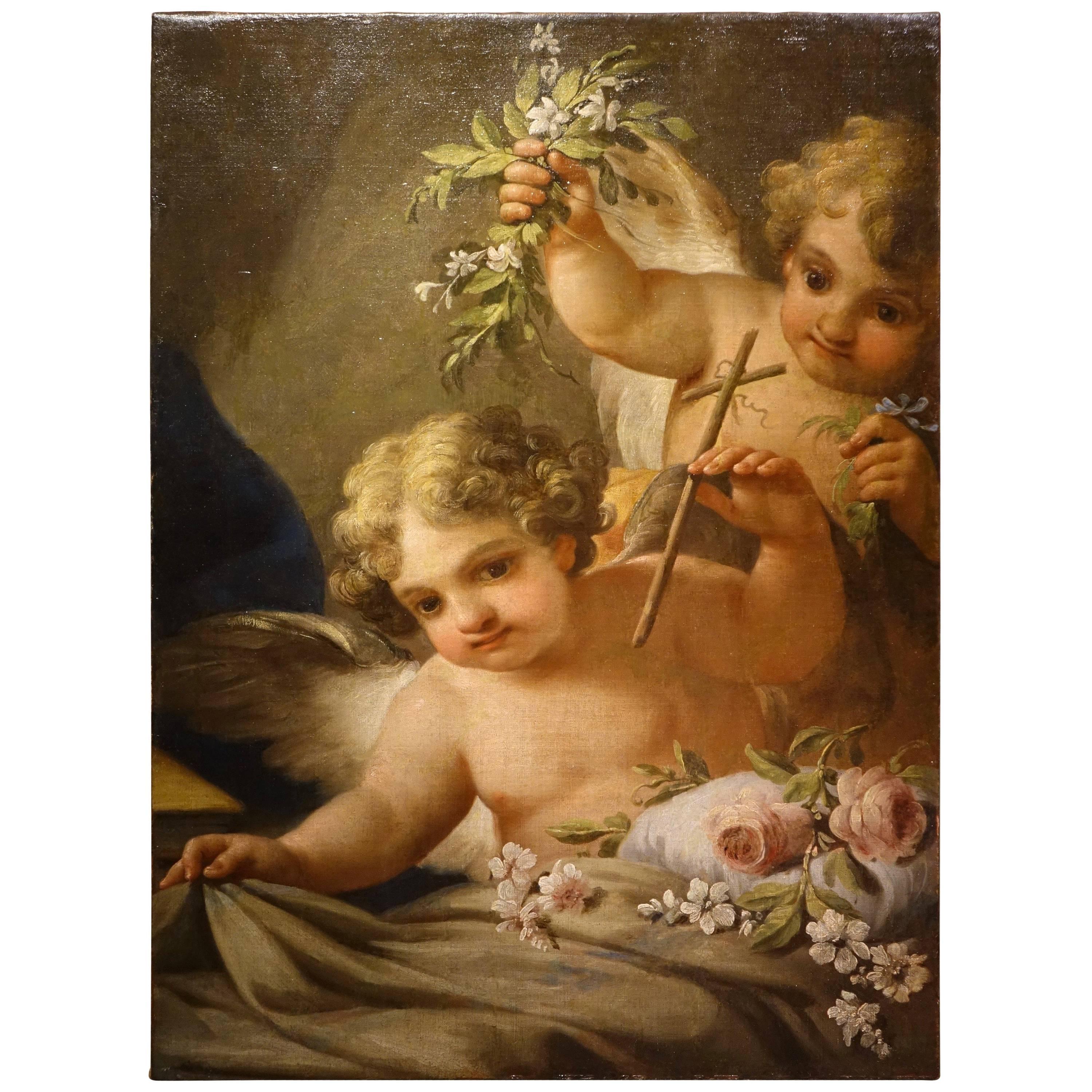   A large painting, oil on canvas representing two angels carrying bunches of flowers.
Venitian School  Italy, 18th century.