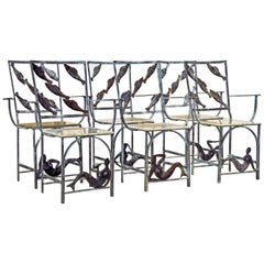 Suite of Six Unique Fish and Mermaid Custom-Made Weathered Bronze Armchairs