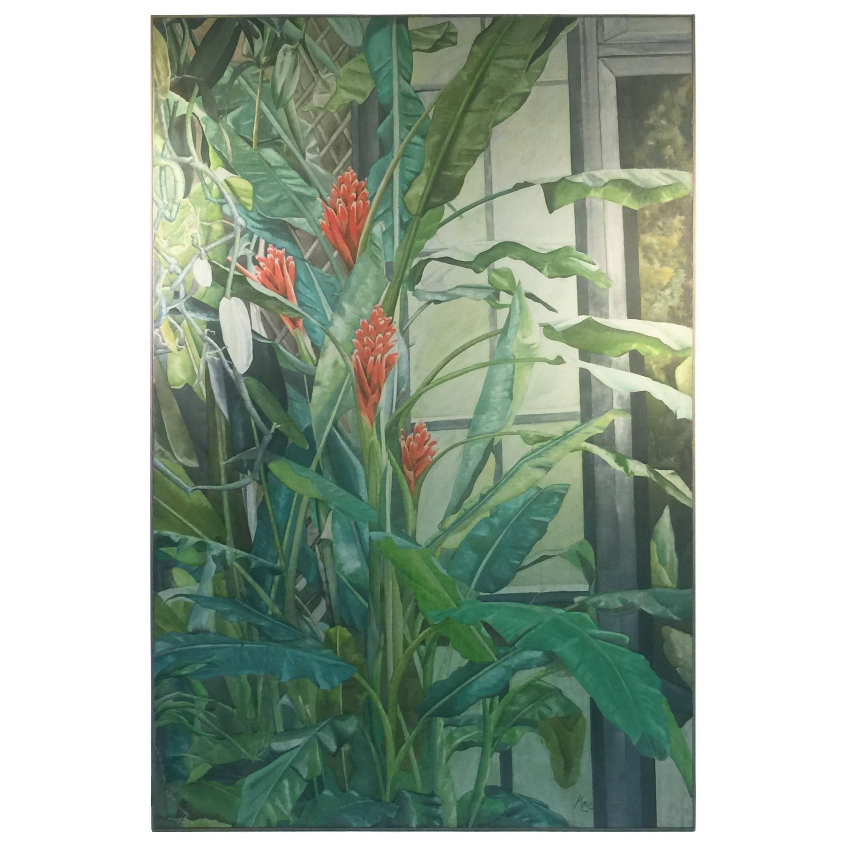 Signed Large Modern Tropical Flowers in Green House Painting