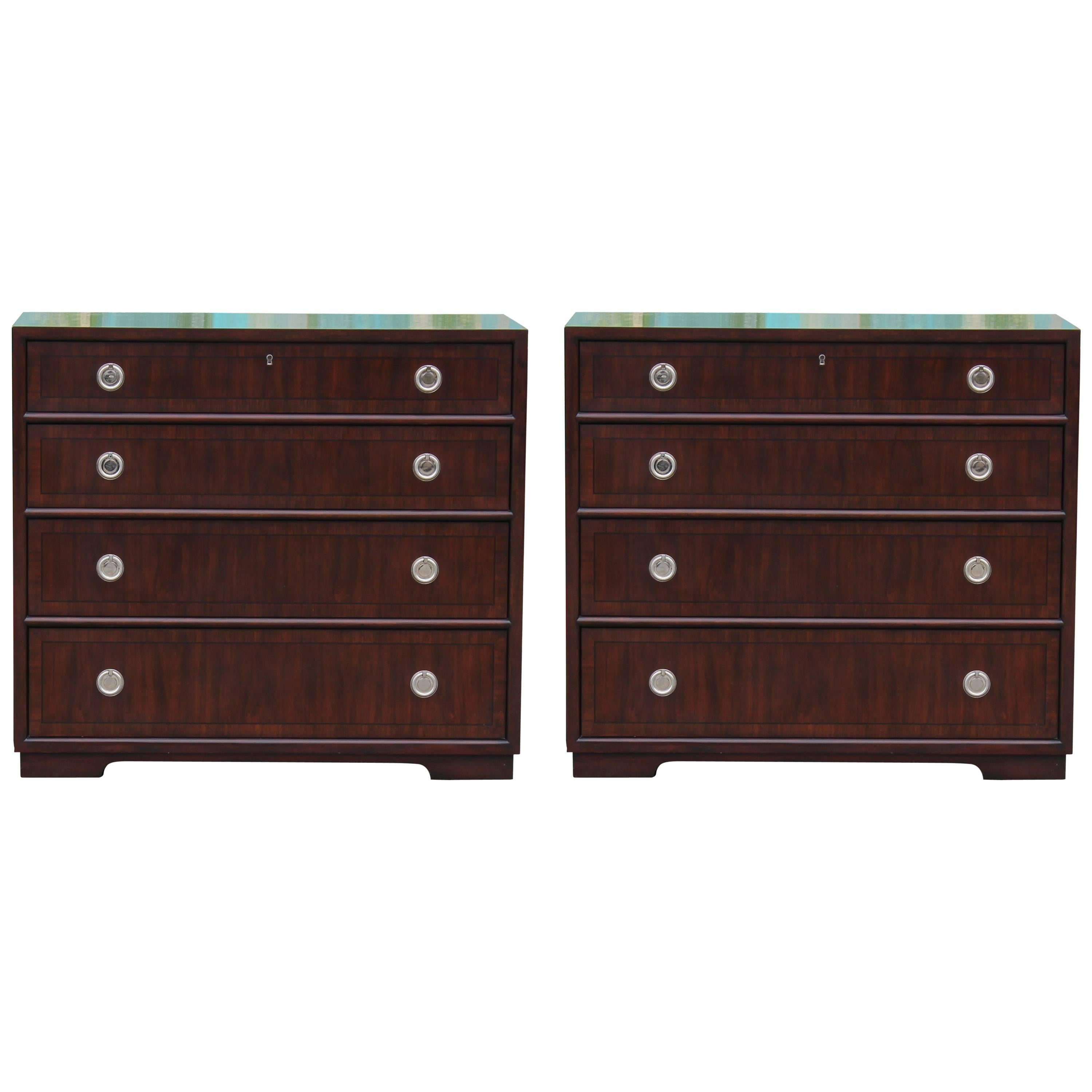 Pair of Modern Walnut Henredon Bachelor's Chest with Silver Ring Pulls
