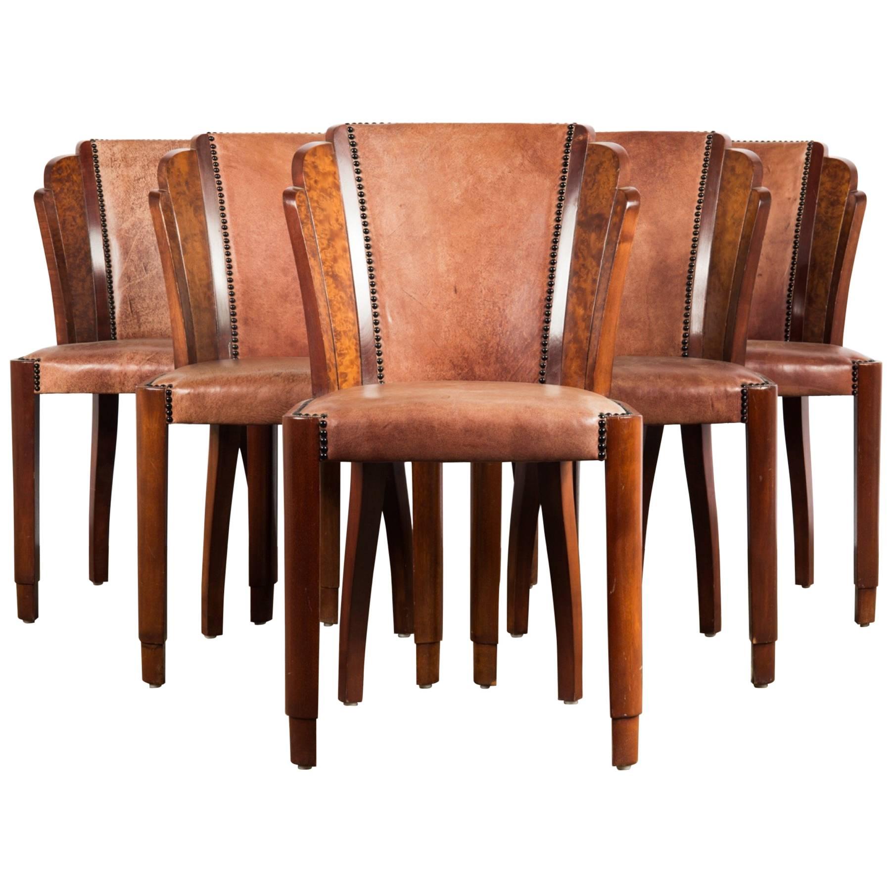 Set of Six Art Deco Dining Chairs in Walnut Burl and Cognac Leather