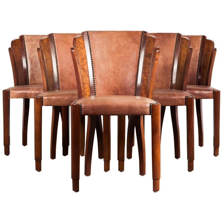 Set of Six Art Deco Dining Chairs in Walnut Burl and Cognac Leather at