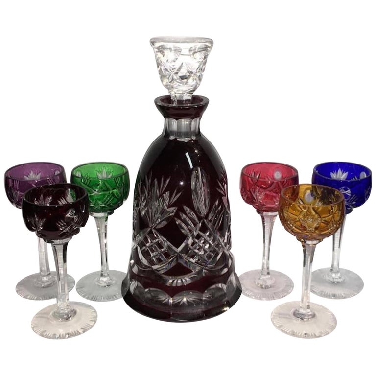 Bohemian Colored Cut to Clear Decanter Set For Sale