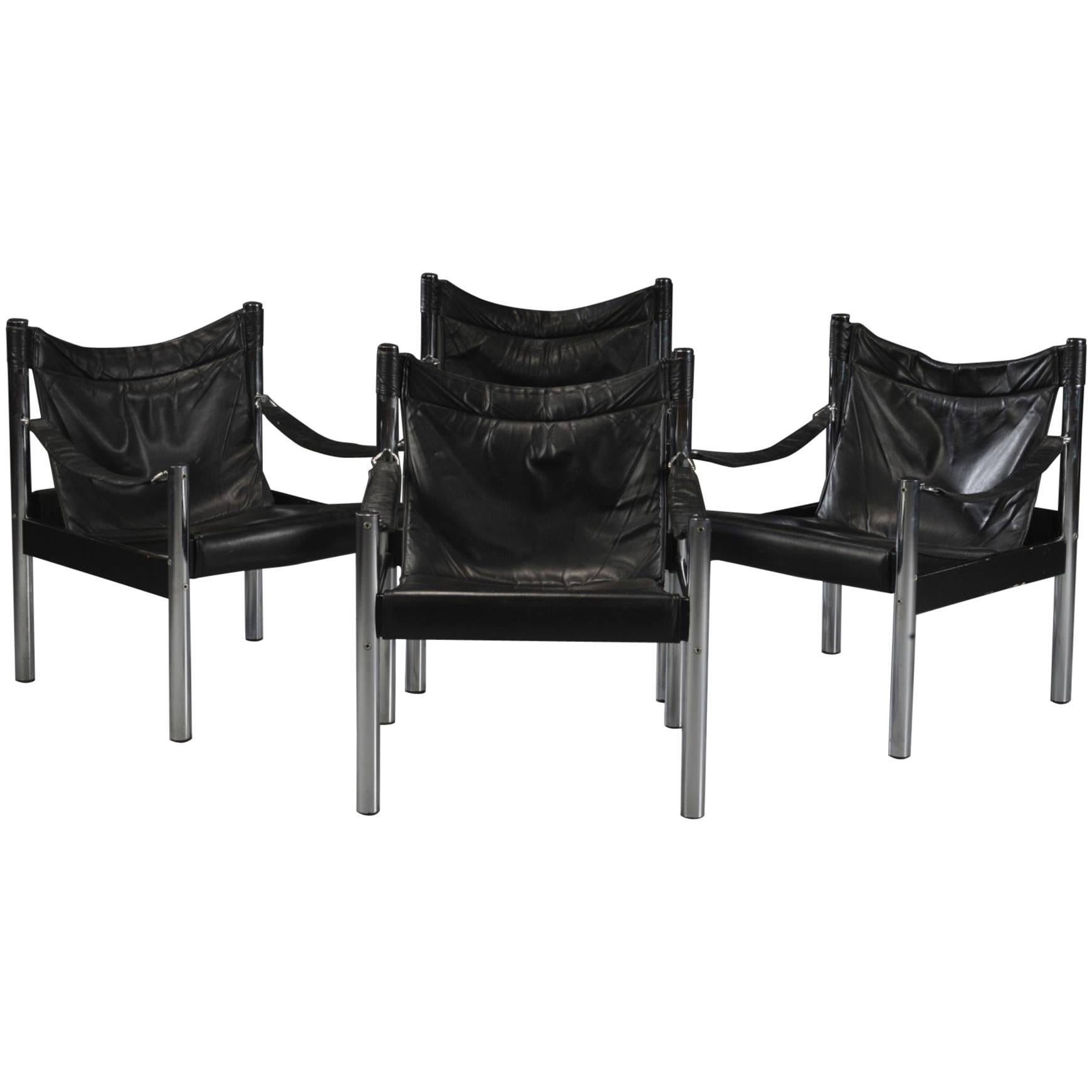 Four Midcentury 1960s Chrome Safari Chairs in Black Leather