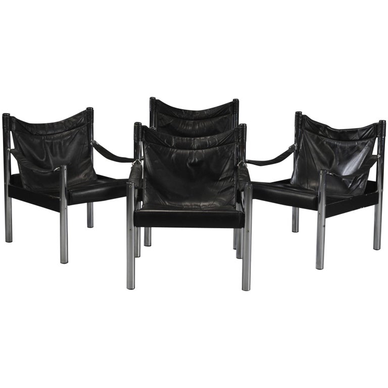 Four Midcentury 1960s Chrome Safari Chairs in Black Leather For Sale at  1stDibs