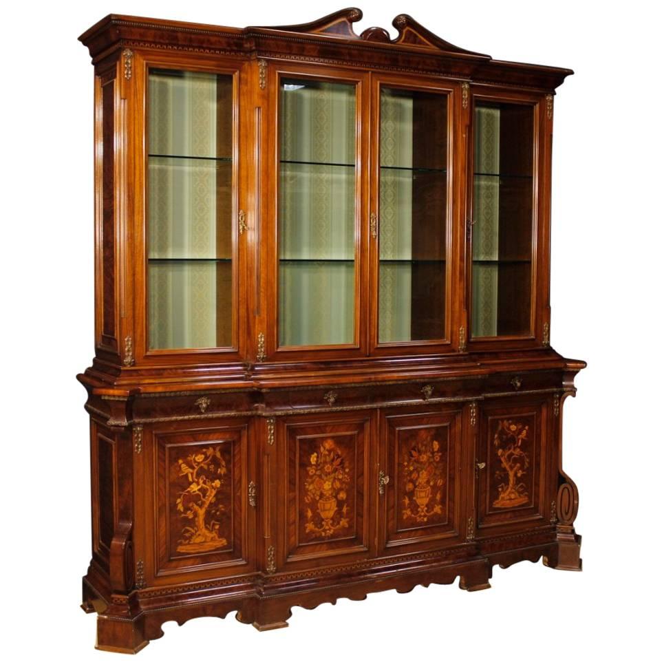 Italian Bookcase in Inlaid Walnut, Burl, Rosewood, Maple, Tulipwood, Fruitwood