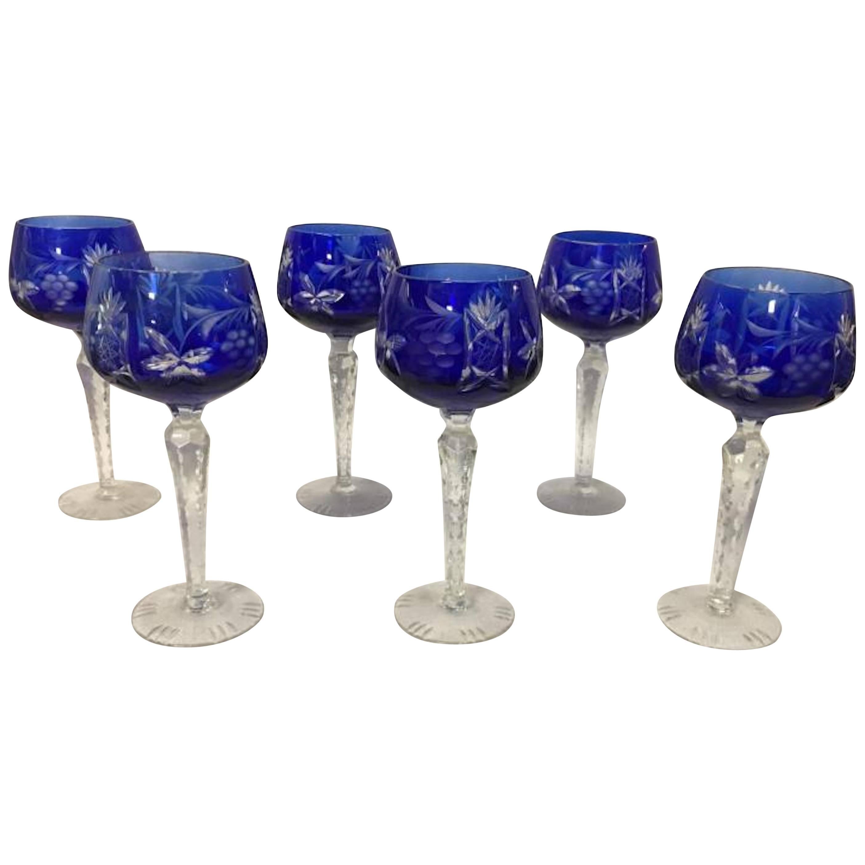 Set of Six Blue Cut to Clear Wine Glasses