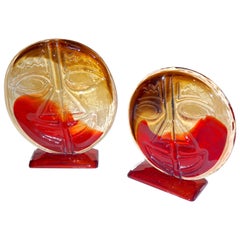 Cesare Toso 1970s Pair of Abstract Red and Amber Murano Art Glass Round Faces