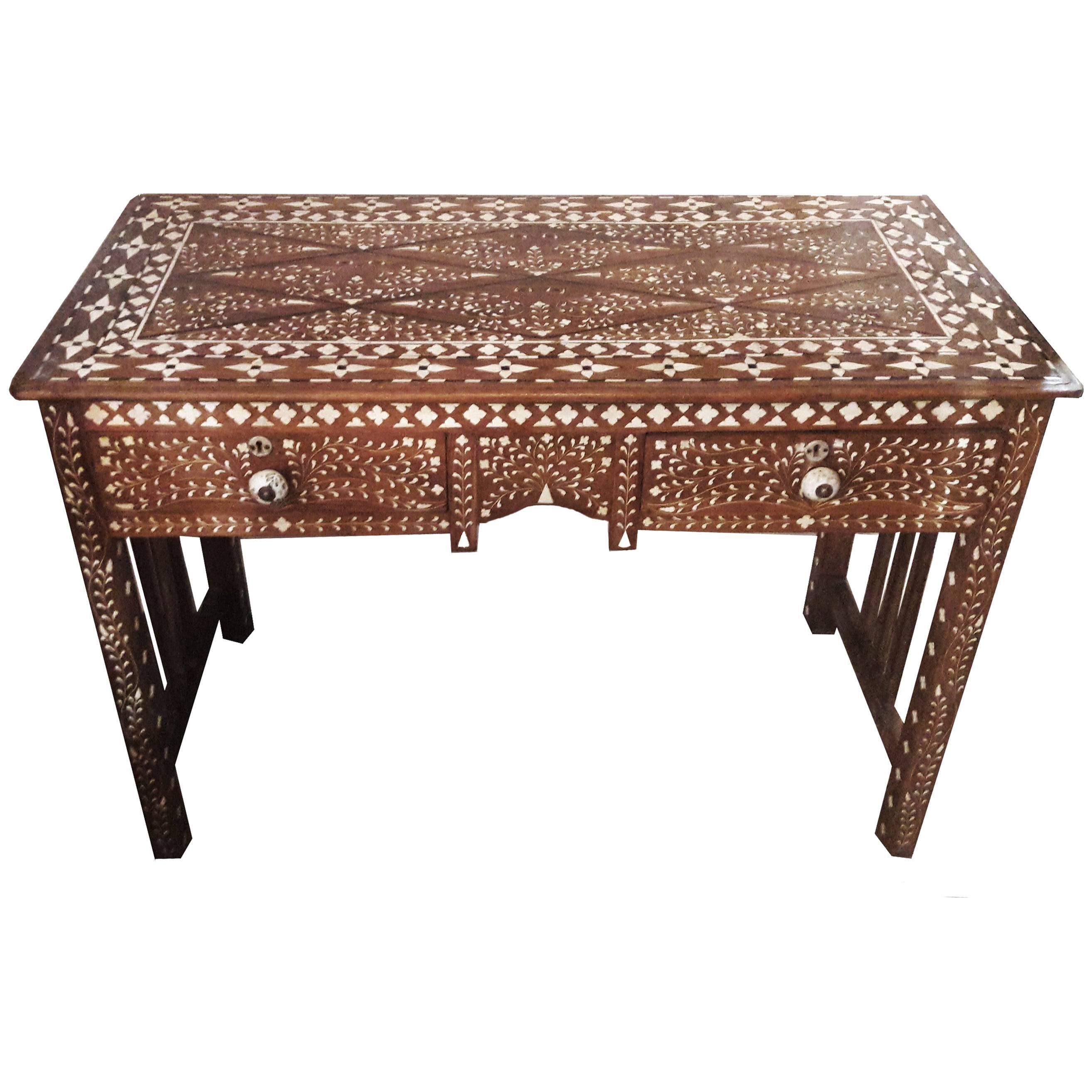 Bone-Inlaid Teak Desk from India, 20th Century