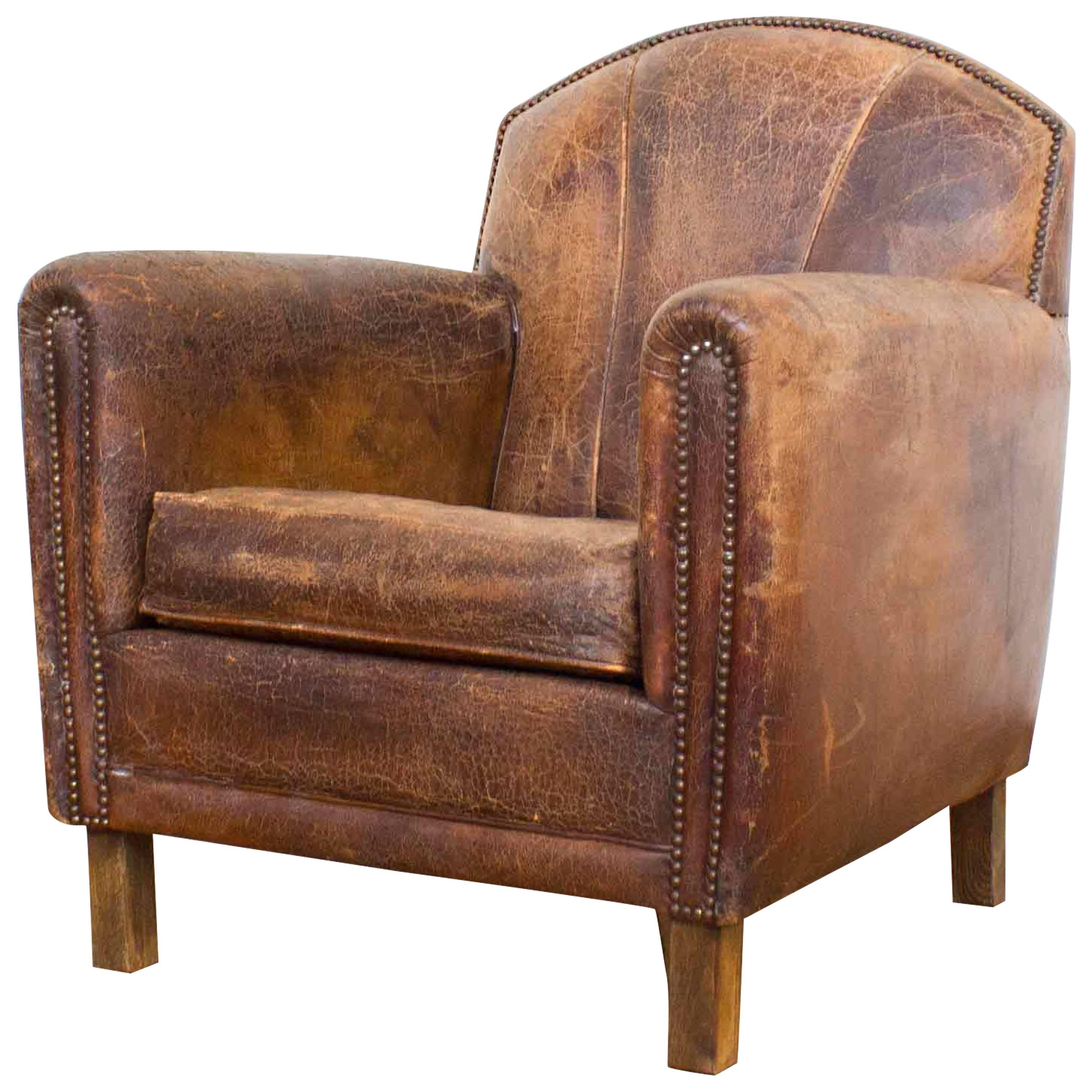 Vintage Dutch Cognac Leather Art Deco Club Chair For Sale