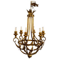 Lustre français à six lumières en métal doré