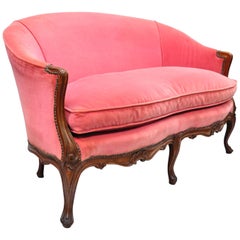 Antique French Louis XV Style Carved Walnut Settee Loveseat Canapé Pink Sofa