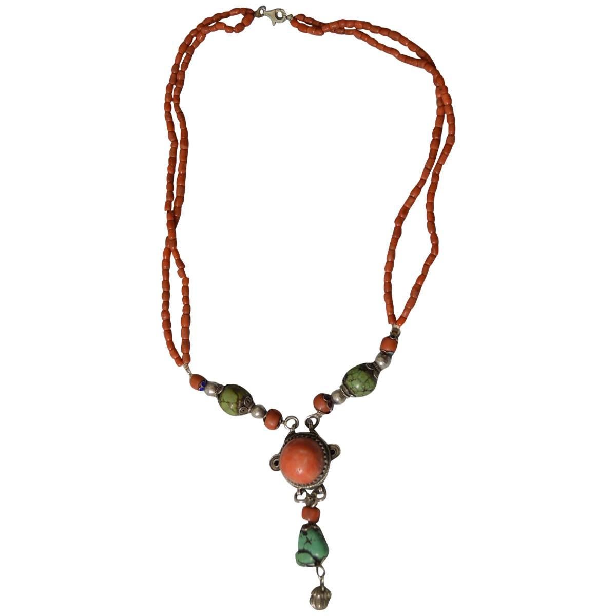 Fine Rare Antique Coral and Turquoise Necklace Yunnan Tibet