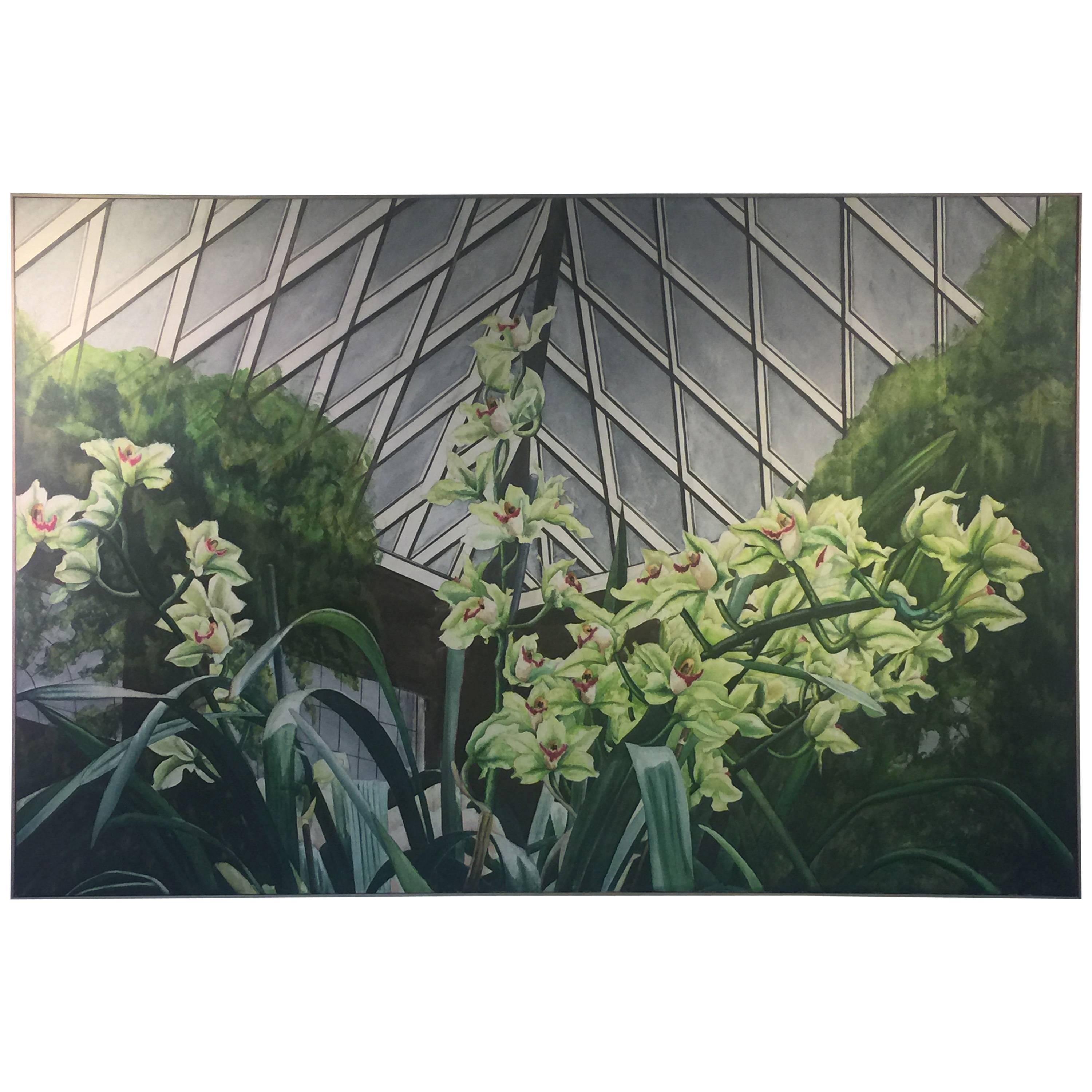 Signed Large Scale Modern Exotic Orchids in Green House Painting For Sale