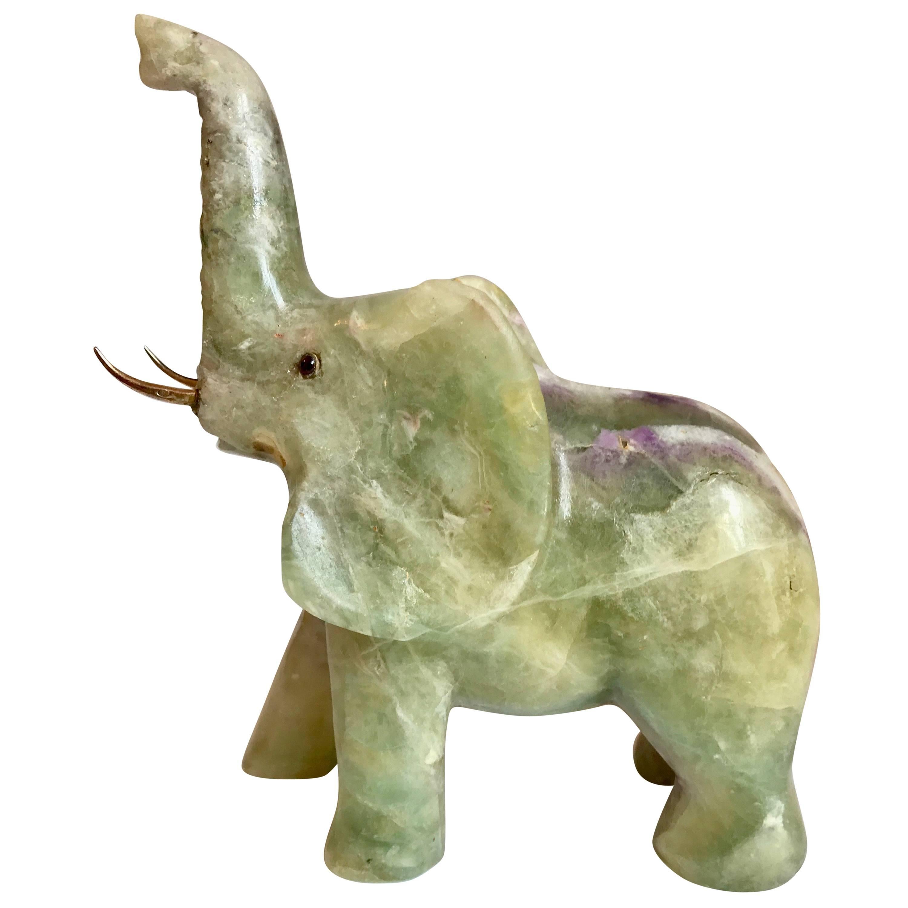 Jade Elephant with 14-Karat Gold Tusks