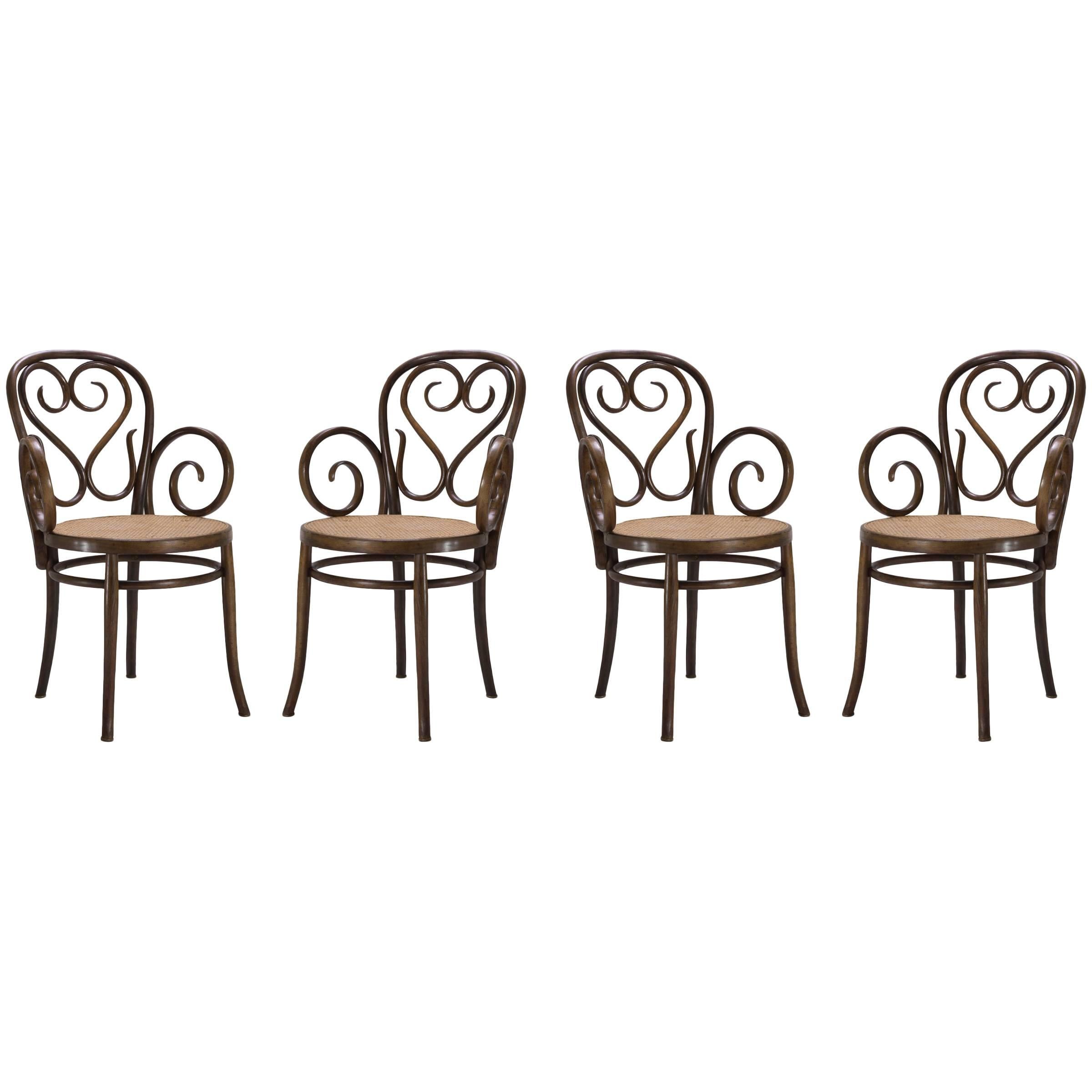 Bentwood Dining Armchairs with Caned Seats by Salvatore Leone, Set of Four