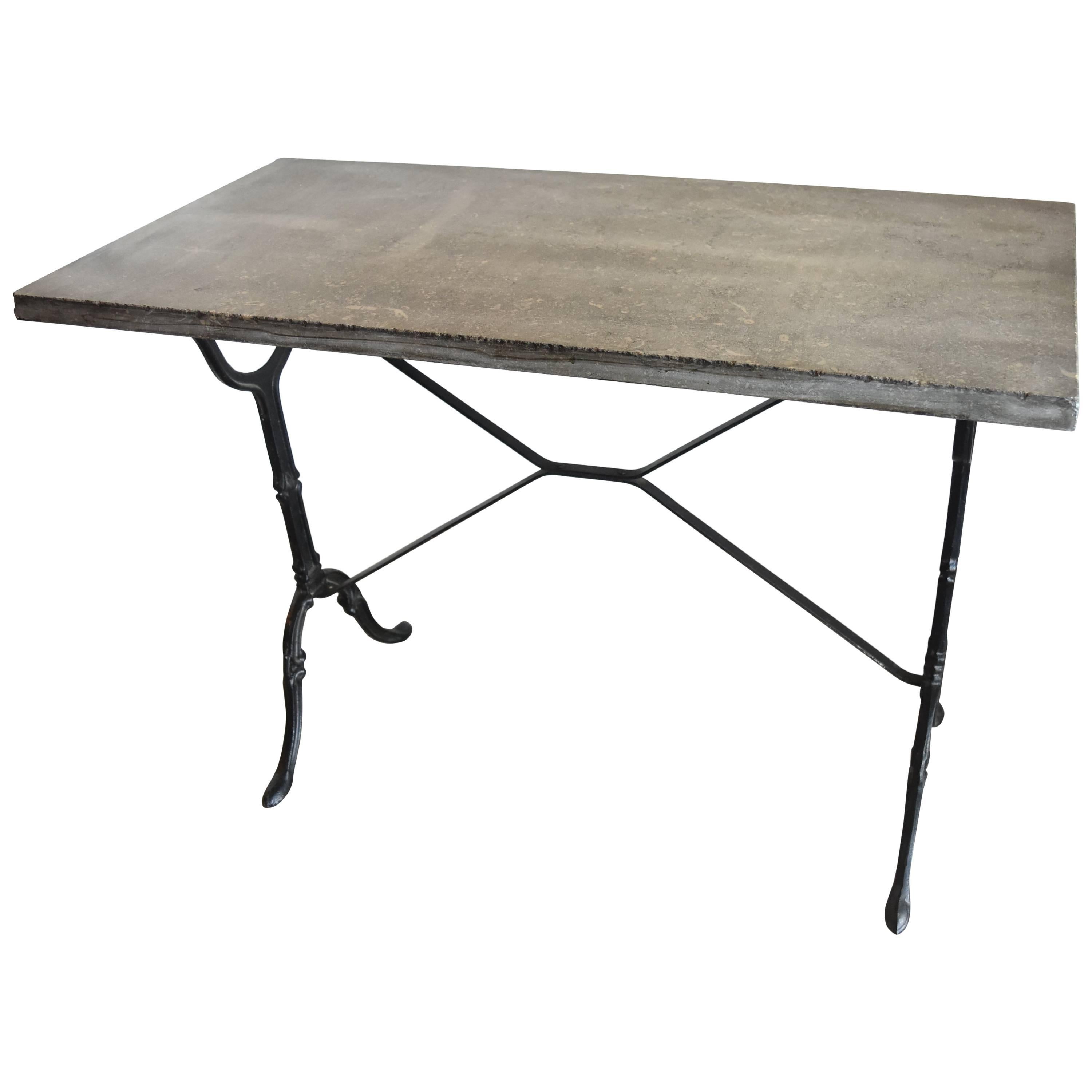 Vintage Blue Stone Marble Top Table with Metal Painted Black Base from Belgium