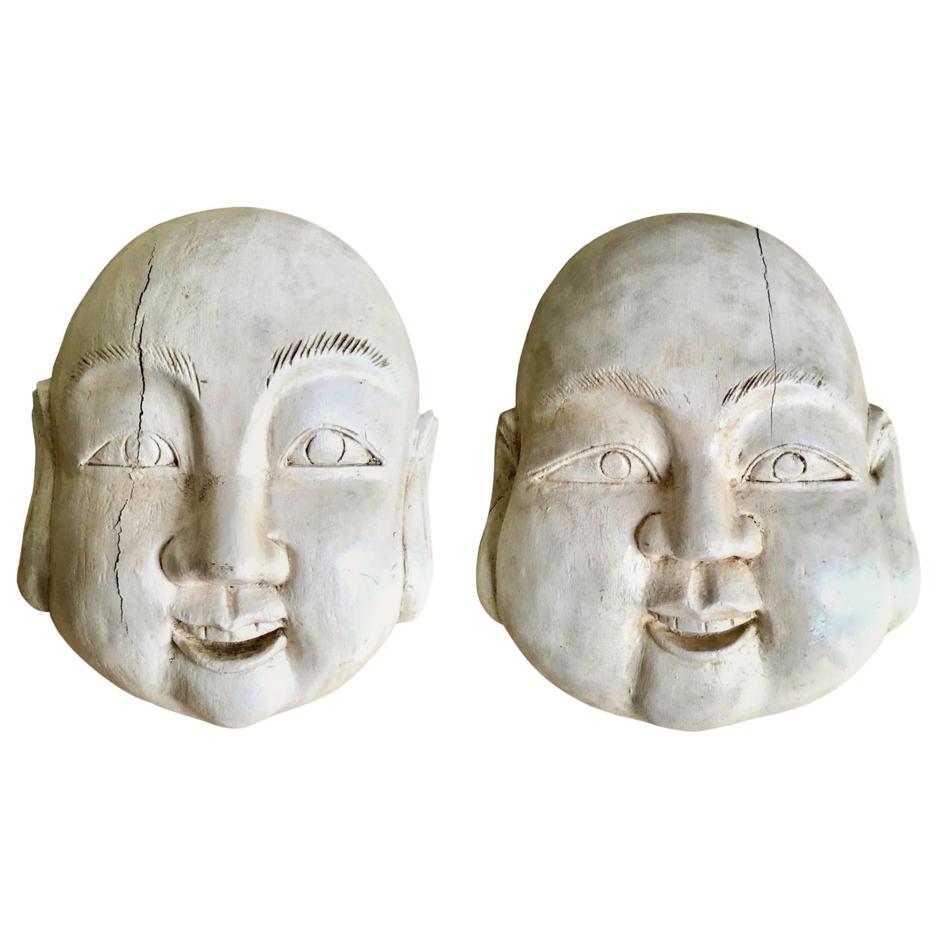 Large Pair of Carved Wood Buddha Heads For Sale