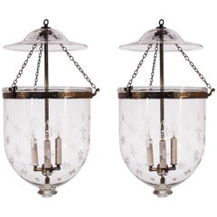 Antique Pair of Large Bell Jar Lanterns with Trellis Etching