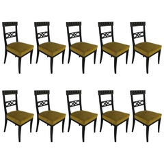 Set of Ten Brass-Inlaid and Ebonized Dining Chairs in the Regency Manner