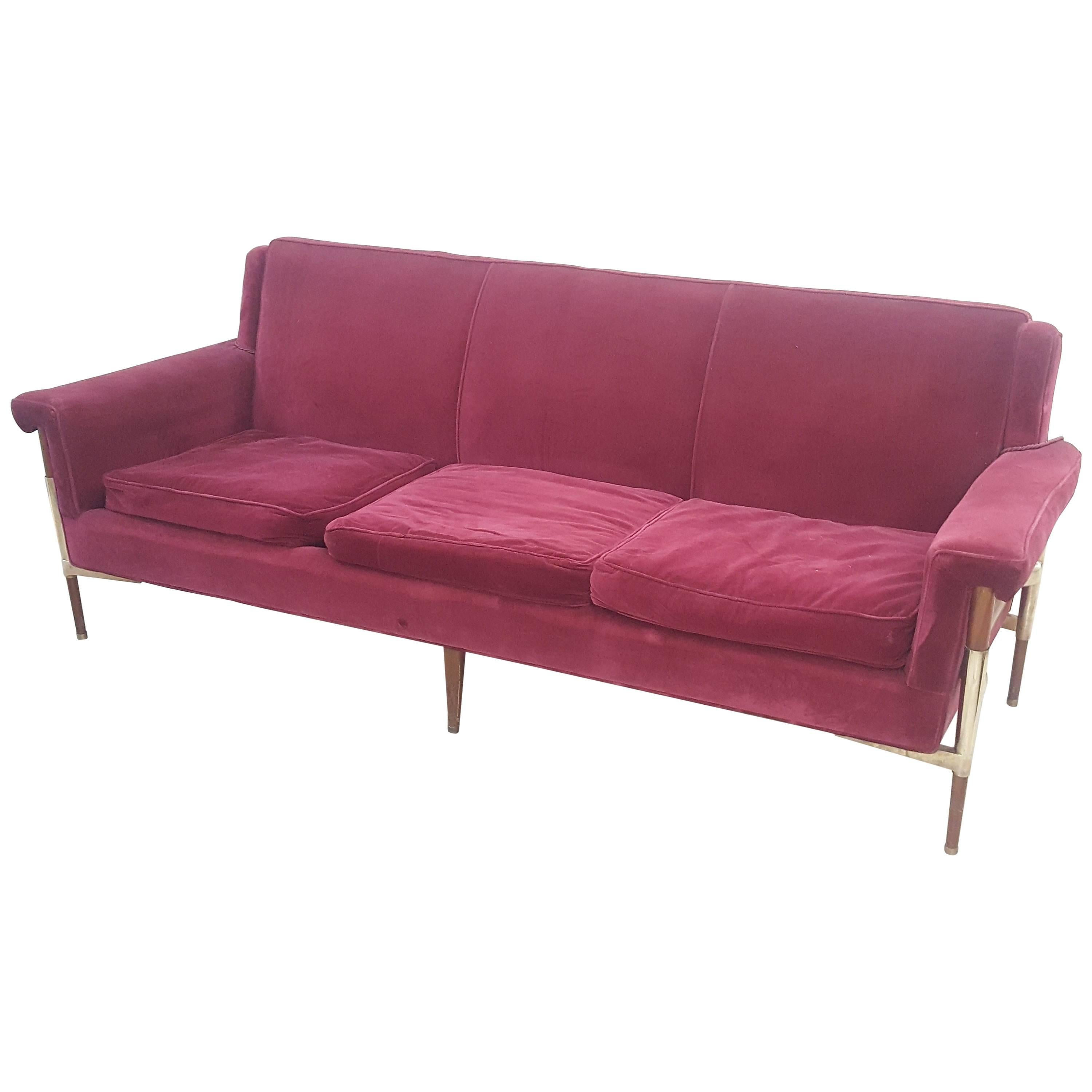 Unusual Mid-Century Modern Italian Sofa with Brass Fittings