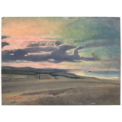 Japan Inviting "Stroll Along Shore at Sunset" Oil Painting Signd S. Akiyama