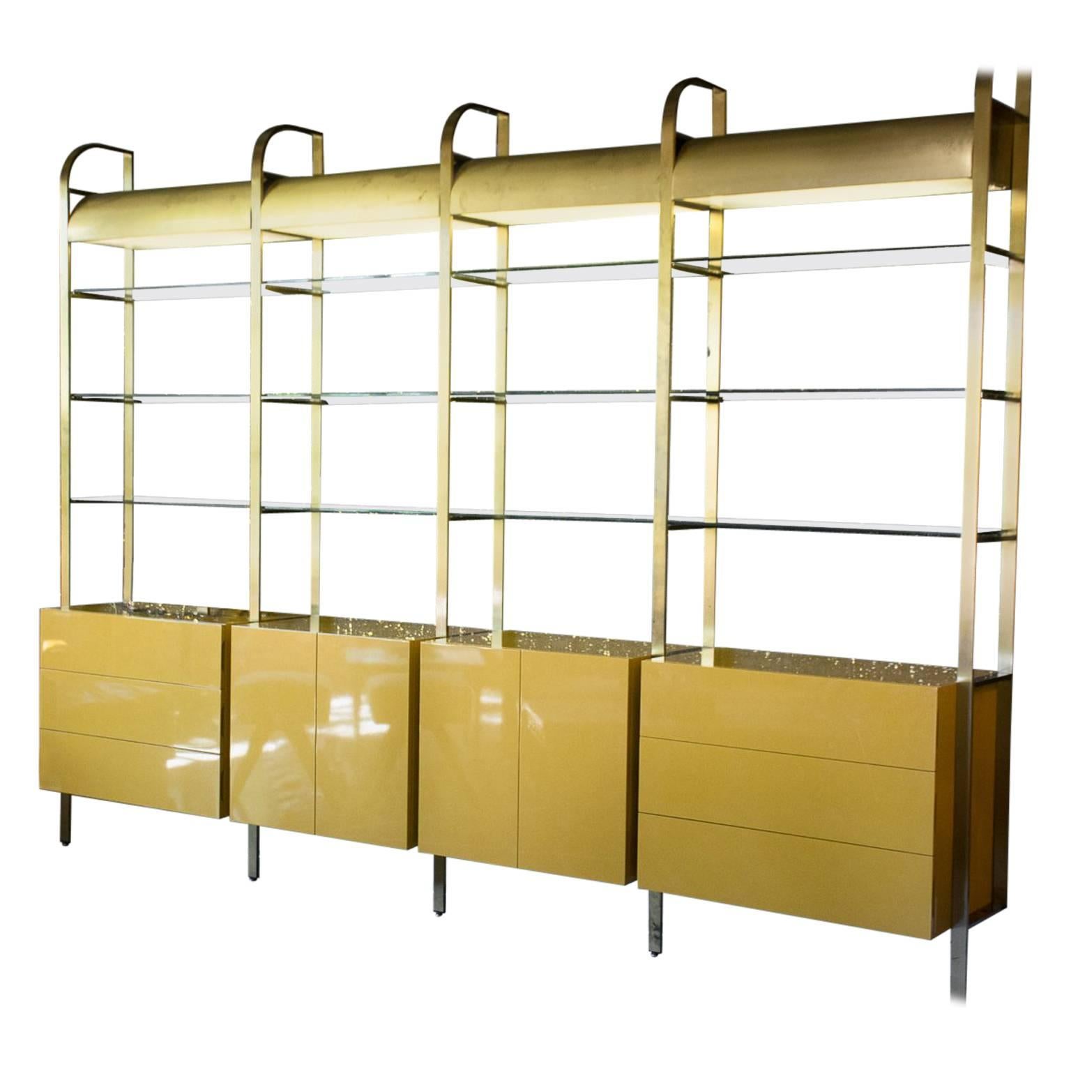 1970s Brass, Glass and Lacquer Wall Unit, Lighted