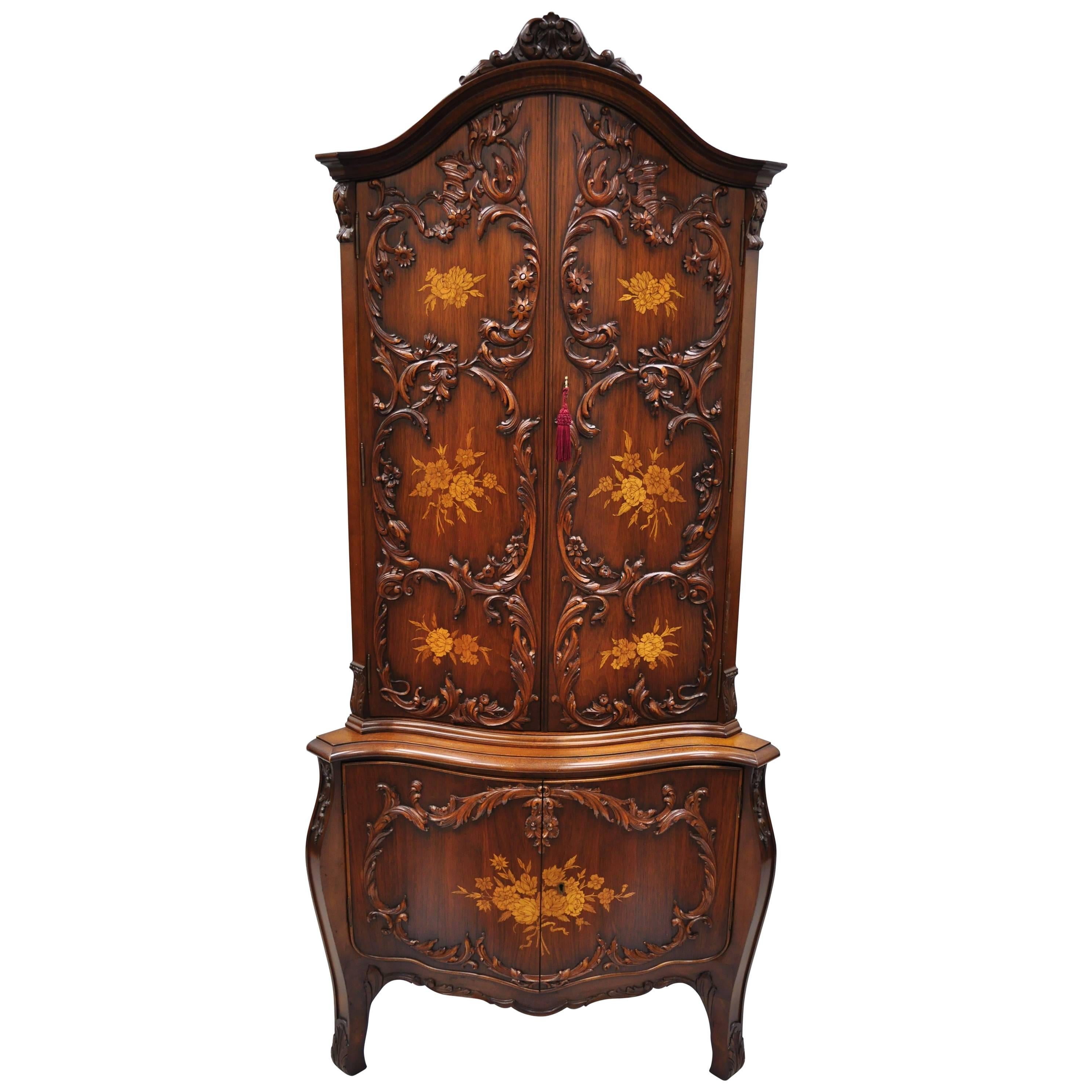 French Louis XV Style Small Walnut Satinwood Inlay Corner Curio China Cabinet For Sale